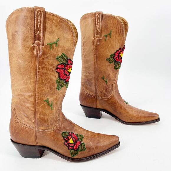 Lucchese Charlie 1 Horse Tan Beaded Flower Snip Toe Western Cowgirl Boot size 10 - Picture 1 of 15